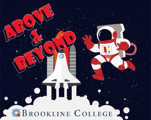 Above-and-Beyond-Spaceman Graphic of an astronaut and rocket ship in space with the words "above and beyond"