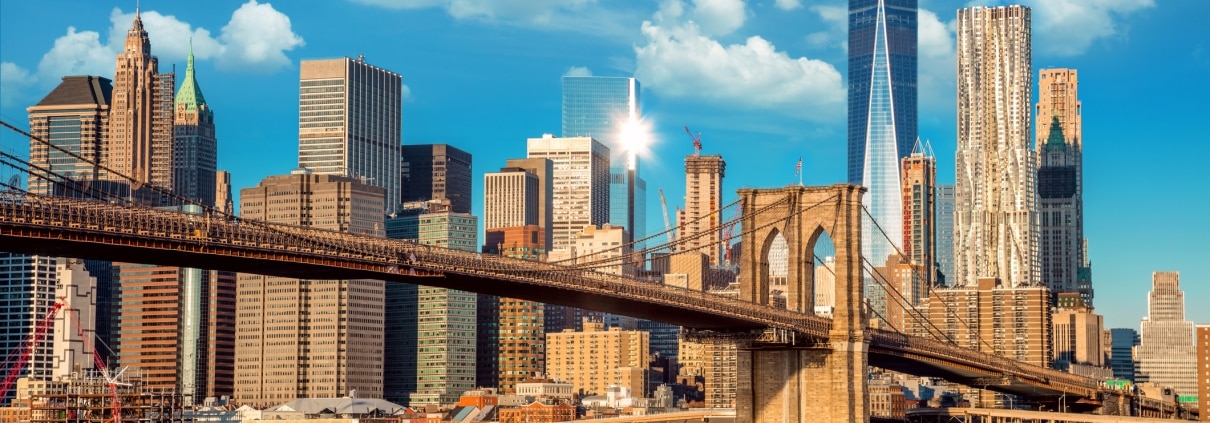 Skyline of downtown New York, Brooklin Bridge and Manhattan at the early morning sun light