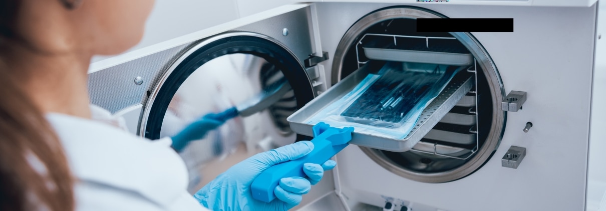 Close up of sterilizing medical instruments